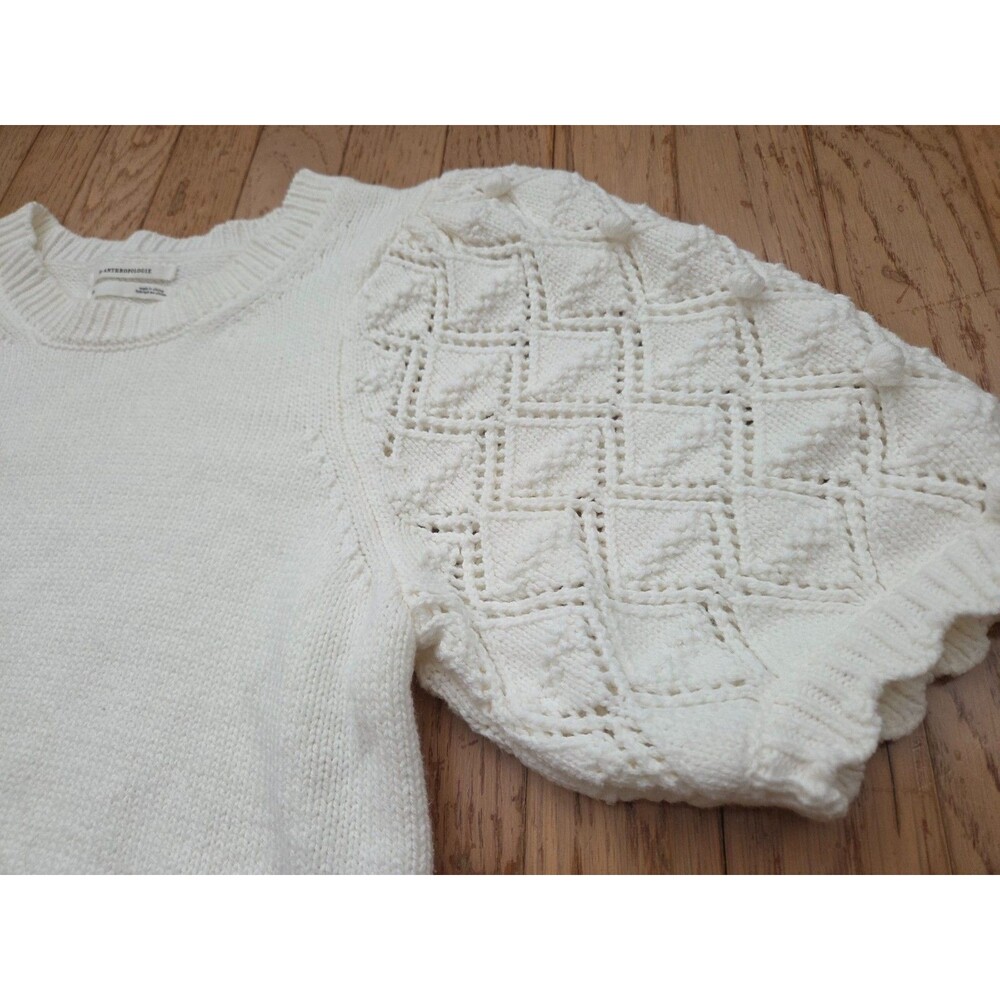 Anthropologie Womens Ivory Bobble Knit Puff Short Sleeve Sweater XS Cottagecore - Picture 2 of 8